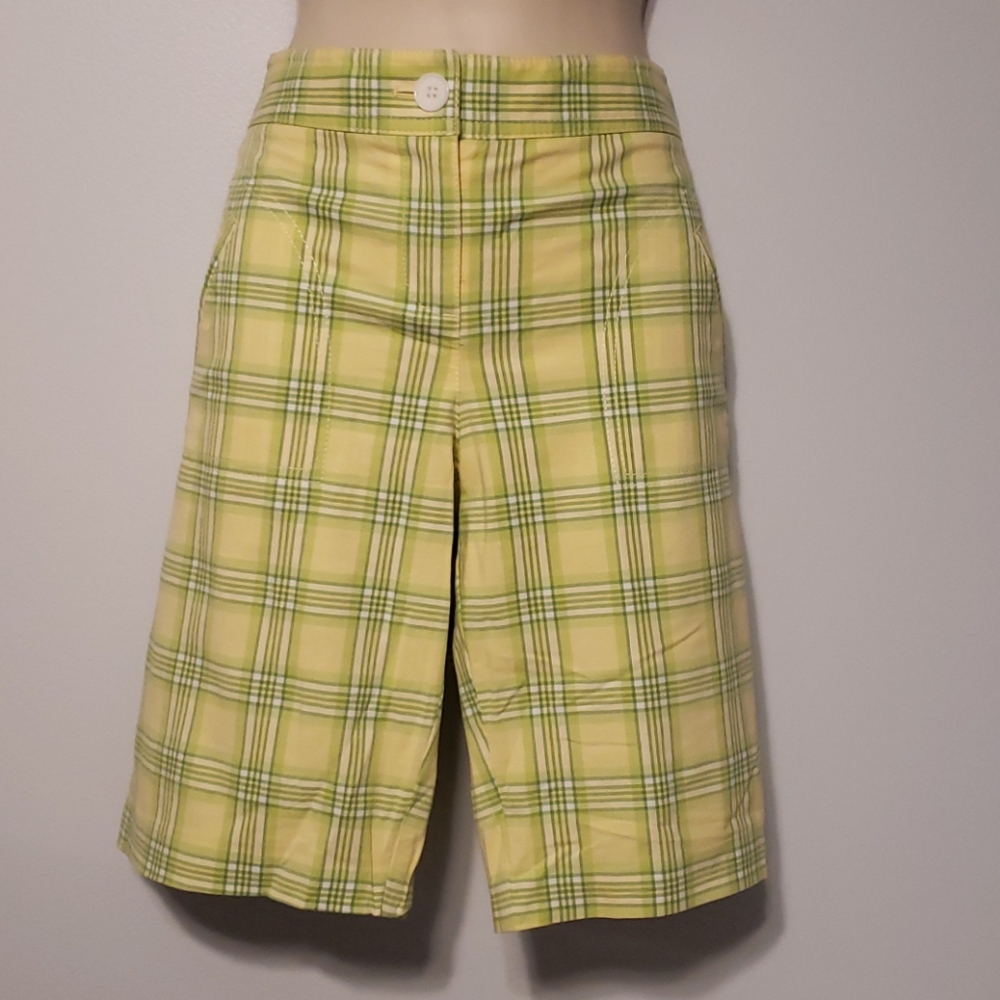 Ann Taylor Loft Bermuda Golf Shorts Marisa YellowGreen Plaid Stretch Cotton Sz 4